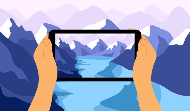 旅行和拍照。移动摄影概念。男子手持智能手机，看着屏幕上的山河景观照片，使相机对焦和快门。图片下载