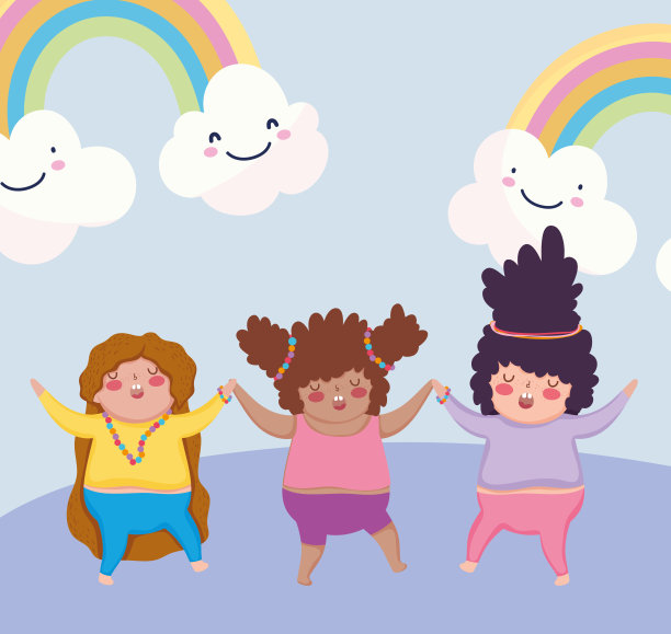 孩子卡通快乐的小女孩彩虹和云彩图片下载