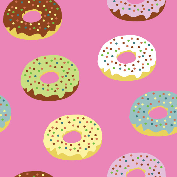 无缝图案与多色甜甜圈。平面矢量插图粉红色的背景。图片下载