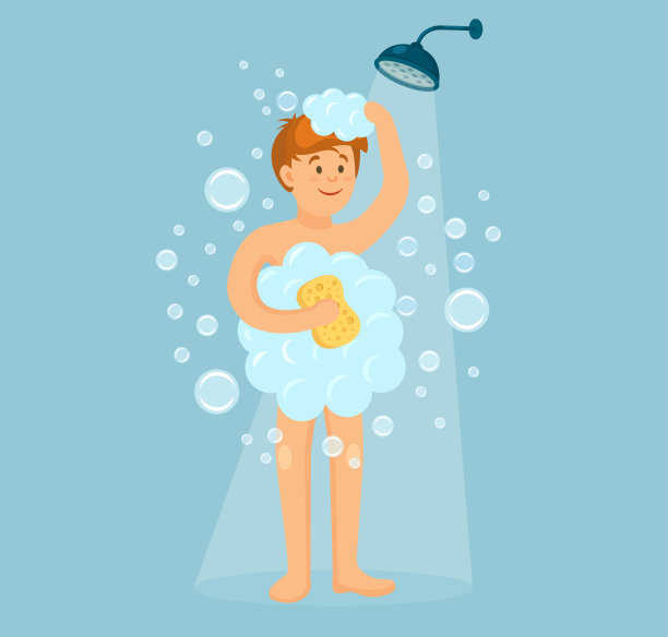 快乐的男人在浴室淋浴，用洗发水、香皂和海绵清洁头部、头发、身体和皮肤。卫生与日常护理矢量扁平卡通设计图片下载