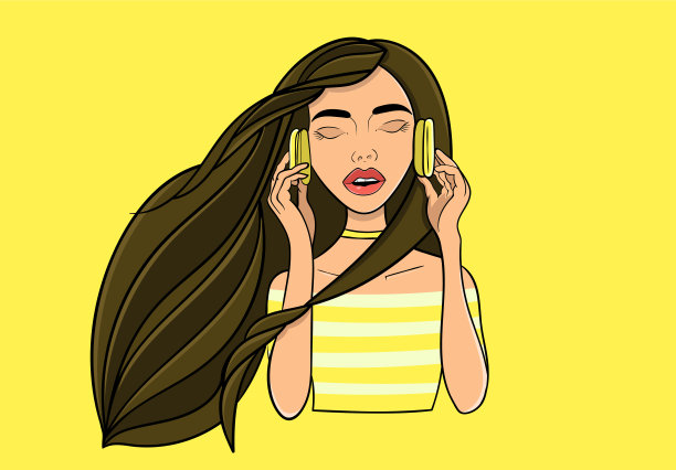 女人在耳机里享受音乐，矢量插图图片下载