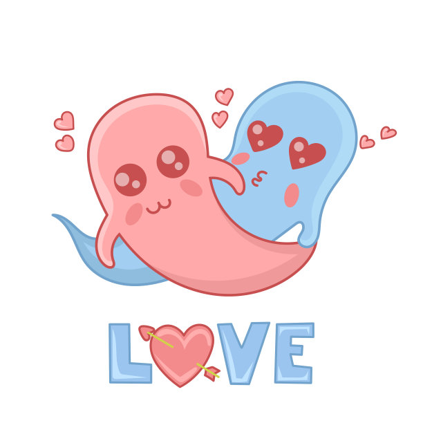 卡哇伊可爱的情侣鬼，情人节贺卡，矢量插图图片下载