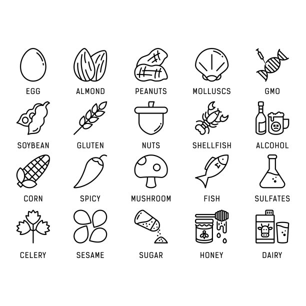 酒精、过敏原、杏仁、芹菜、玉米、甲壳类、乳制品、鸡蛋、元素、鱼、食物、麸质、转基因、健康、健康、蜂蜜、图标、图标、插图、孤立、乳糖、线条、羽扇豆、羽扇豆、牛奶、极简主义、现代、软体动物、蘑菇、天然、坚果、坚果图片下载