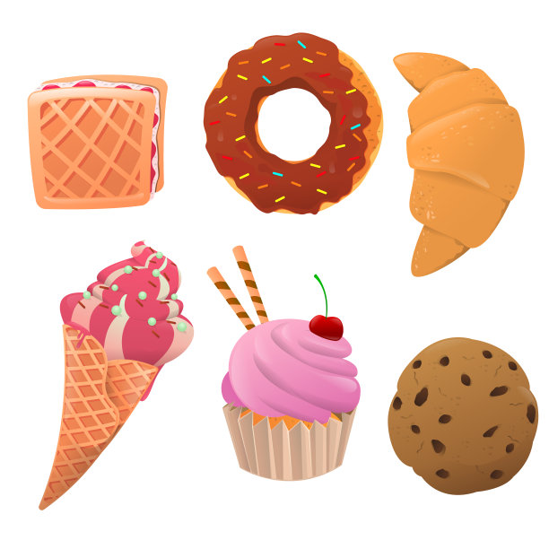 白色背景上的各种糖果。华夫饼，冰淇淋，甜甜圈，羊角面包，纸杯蛋糕，饼干。矢量图图片下载