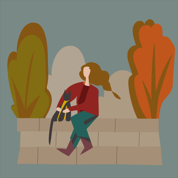 一个长发女孩和一只黑猫坐在屋顶上做梦。秋天的颜色，矢量插图。现代平面设计。矢量图图片下载