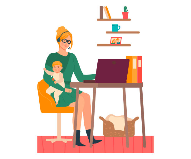 在家工作的母亲矢量插图，卡通扁平风格的年轻漂亮女性抱着孩子，自由职业，白色背景图片下载