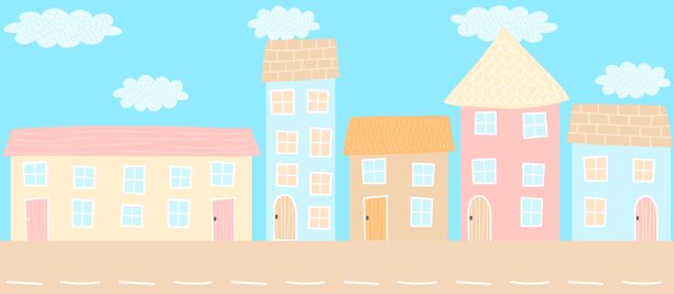 城市街道和城市景观，手绘房屋的大街概念和矢量插图。旗帜与道路为汽车。图片下载