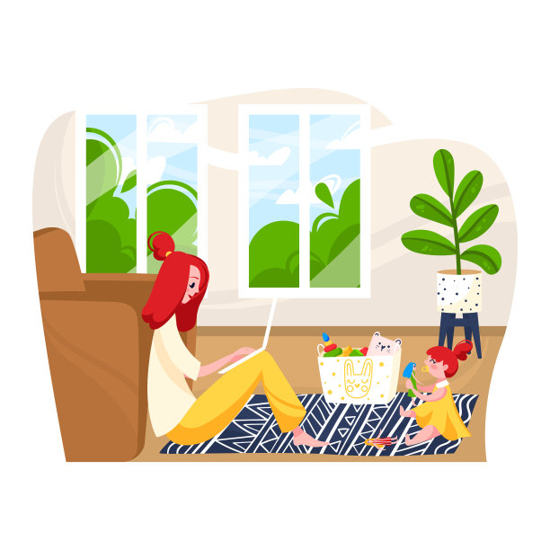 女性角色照顾婴儿和偏远的工作场所，自由职业者女性问题工作在家孤立在白色，卡通矢量插图。图片下载