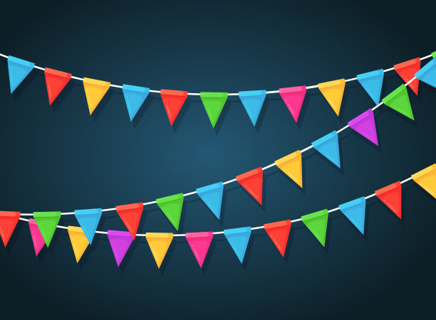 条幅上挂着色彩缤纷的节日彩旗和彩带、彩旗。背景庆祝生日晚会，嘉年华，集市。矢量平面设计图片下载
