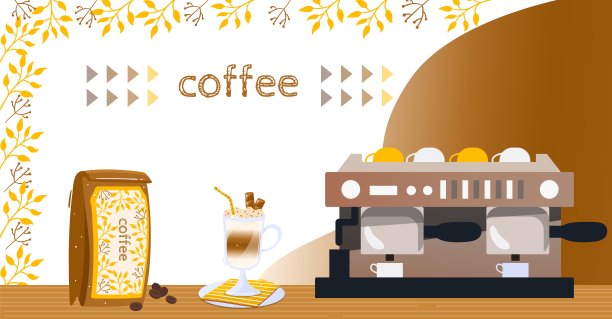 咖啡店矢量插图，卡通平面纸包，拿铁在玻璃杯，咖啡机为浓缩卡布奇诺热饮图片下载