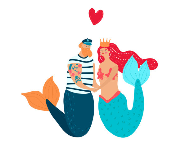 海盗船上有海盗，红心美人鱼，海上航行的旧游艇，卡通矢量插图图片下载