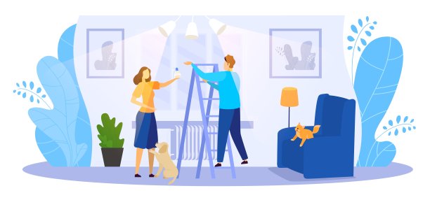 用灯泡矢量图拧紧家用灯，卡通平面勤杂工爬上梯子，固定电灯，拧紧灯泡图片下载