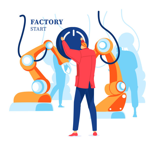 题字、开厂、实业经营、在线生产管理、卡通风格矢量插图设计。图片下载