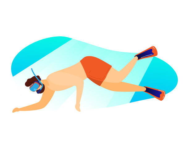 水肺潜水的男性角色，旅行热带国家水下放松游泳孤立在白色，卡通矢量插图。图片下载