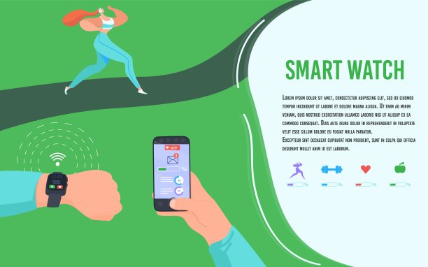 运动智能手表概念矢量插图，卡通平面人类手与腕带健身手镯，表带跟踪器和智能手机图片下载