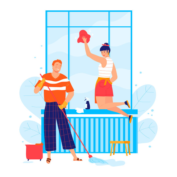 可爱的年轻夫妇，人物男女打扫房间隔离上白色，卡通矢量插图。人一起洗窗。图片下载