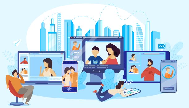 人与设备平面矢量插图，卡通男女用户角色使用移动设备，手机笔记本电脑背景图片下载