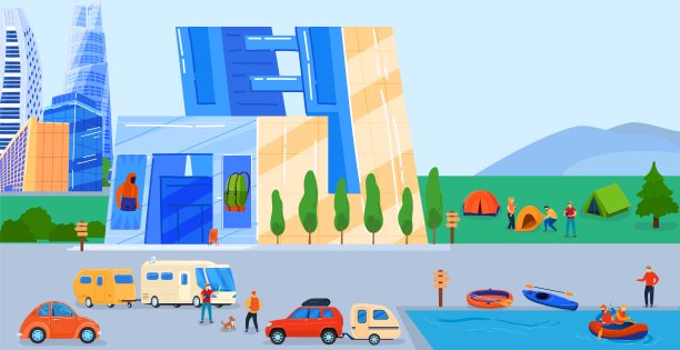 户外城市商店矢量插画，卡通现代城市城市景观与当地超市购物商场大楼，停车场汽车图片下载