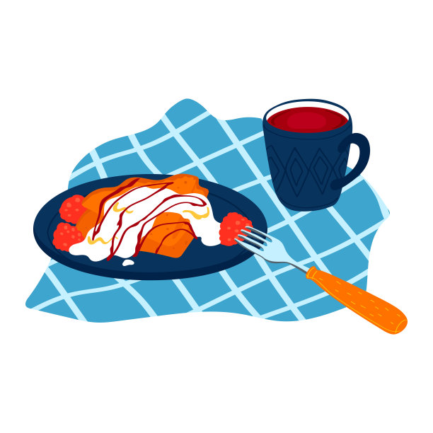 盘子自制煎饼与奶油酸奶酱，美味的油炸树莓馅孤立在白色，卡通矢量插图。图片下载