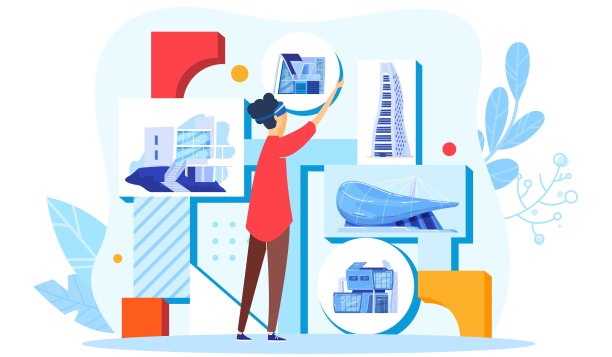 现代住宅设计矢量插画，卡通平面设计师女性性格把持城市设计创意项目孤立上白色图片下载