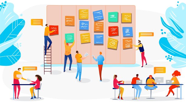 人商务办公室团队合作平面矢量插图，卡通员工角色团队工作，经理头脑风暴和沟通图片下载