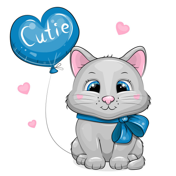 可爱的卡通猫与蓝色的蝴蝶结和气球。图片下载