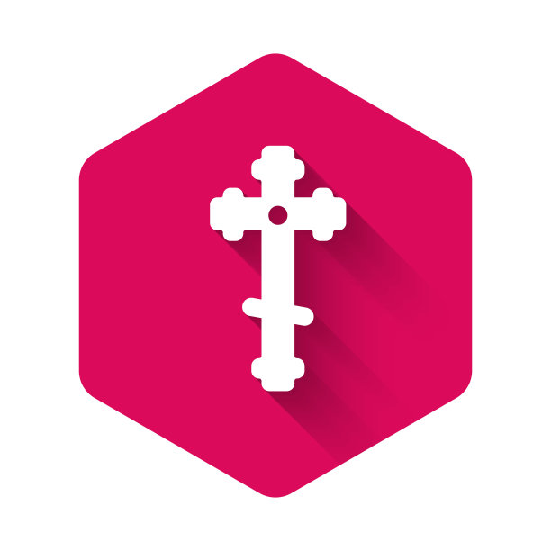 白色的基督十字架图标孤立着长长的影子。教堂的十字架。粉色六角形按钮。矢量图图片下载