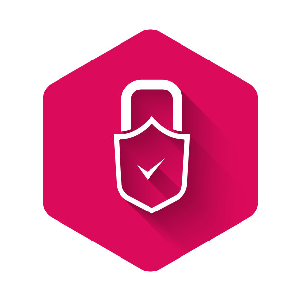 白色打开挂锁和检查标记图标隔离与长阴影。网络安全的概念。数字数据保护。安全安全。粉红色的六角按钮。向量图片下载