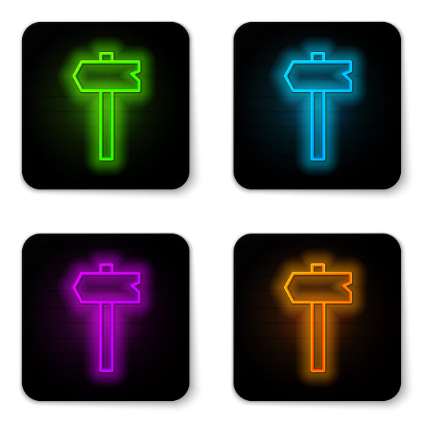 发光的霓虹灯线道路交通标志。路标图标孤立在白色背景上。指针的象征。孤立的街道信息标志。方向的信号。黑色方形按钮。向量图片下载