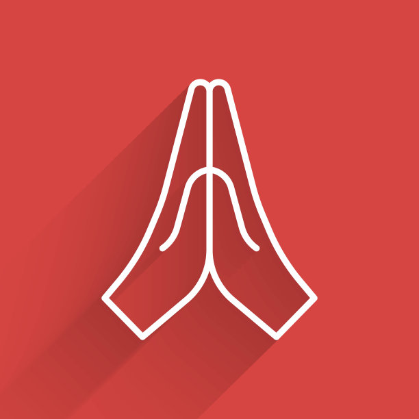 白线双手在祈祷位置图标孤立与长阴影。带着信心和希望向上帝祈祷。矢量图图片下载