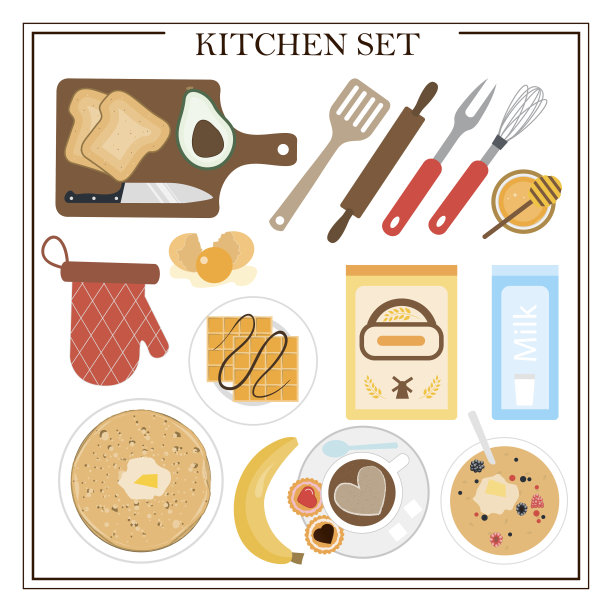 早餐用的厨房用品和餐具。矢量插图的餐桌与咖啡，蛋糕，饼干，鳄梨吐司，煎饼，华夫饼，甜甜圈和电器。木制的桌子，桌布，鲜花和服务。图片下载