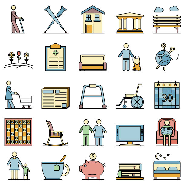 养老金图标集线条颜色矢量图，轮廓样式图片下载
