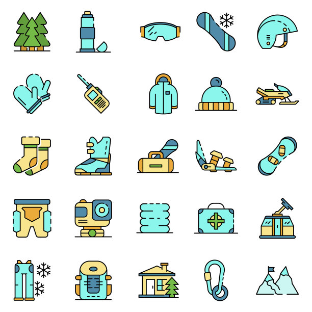 单板滑雪装备图标线性彩色矢量图图片下载