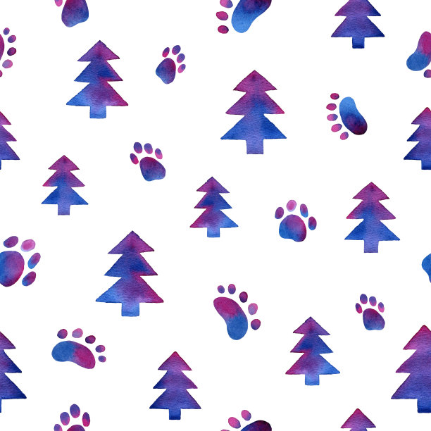 无缝水彩冬季蓝色圣诞树和足迹的白色背景图案。手绘插画设计，庆祝装饰，新年邀请。图片下载