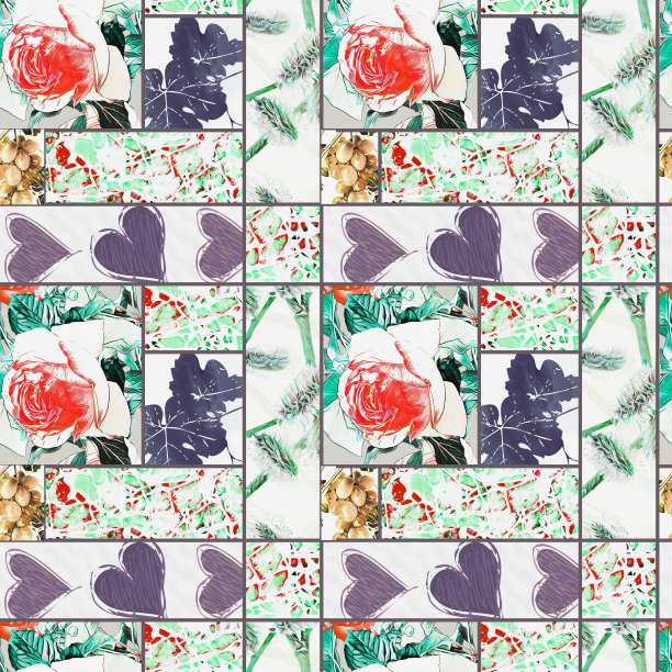 玫瑰、叶子、葡萄、心形和柳树的拼接，图案天衣无缝。图片下载