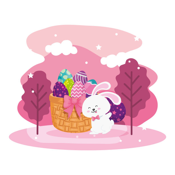 彩蛋复活节在篮子柳条兔子和图片下载