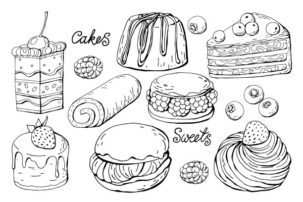 一组孤立的糖果和蛋糕上的白色背景，向量图片下载
