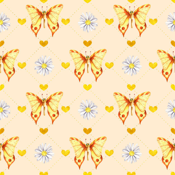 水彩无缝图案复古风格与蝴蝶和花卉。装饰层次背景的婚礼，孩子或品牌设计的金色和黄色图片下载