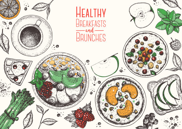 早餐俯视图框架。早餐菜单设计。早餐和早午餐菜肴收集。复古手绘草图，矢量插图。复古风格。图片下载