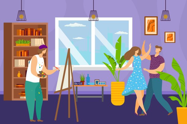 艺术工作室，艺术家绘画在画架模型在舞蹈在艺术工作室，帆布绘制图片矢量插图。绘画和艺术工具。图片下载