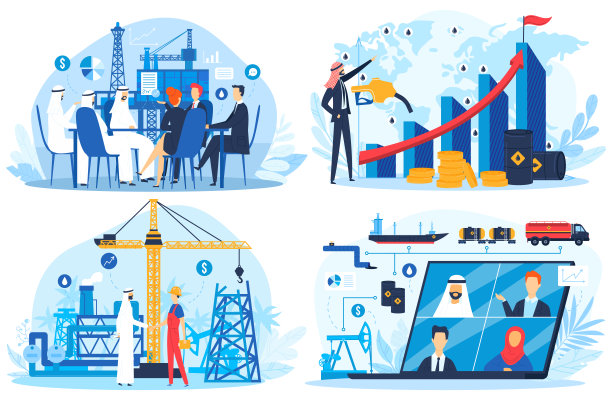 石油天然气化石燃料阿拉伯阿联酋商业矢量插图集，卡通扁平阿拉伯商人与石油行业商业伙伴图片下载