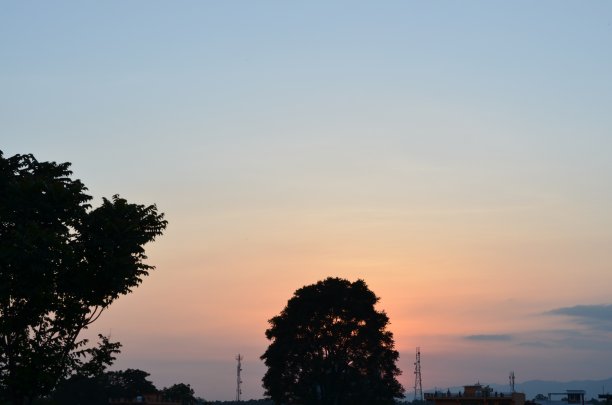 风景，日落，黄昏，剪影，树，云，天空，橙色，颜色，城市图片下载