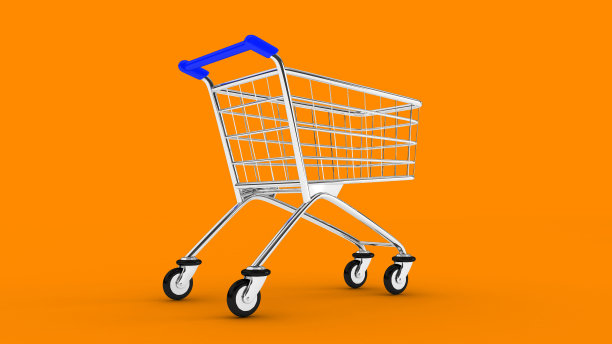 车。空市场推车。橙色背景。3 d。3 d渲染。隔离市场推车。图片下载