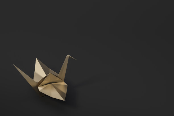 金折纸鸟，金折纸鹤在暗色背景上3d渲染。3d插图鸟纸制的广岛纪念日简约风格概念。图片下载