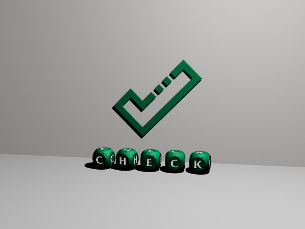 3D表示的检查与图标在墙上和文本安排由金属立方体字母在镜子地板上的概念含义和幻灯片演示。插图和背景图片下载