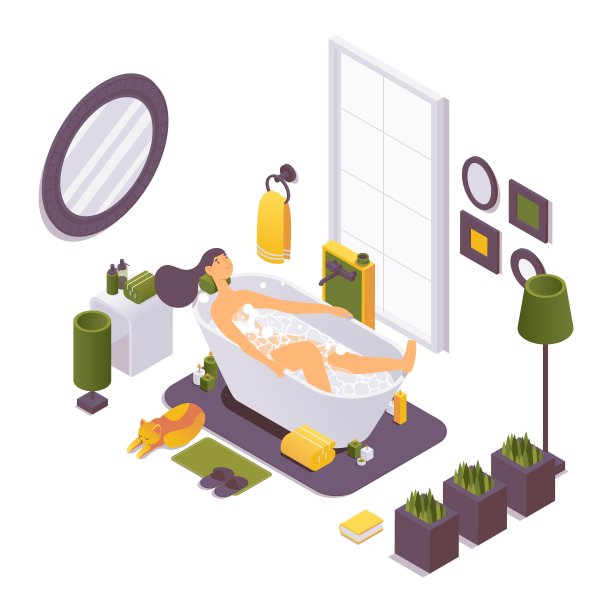 等距女孩在浴缸里放松和微笑。3d室内场景与燃烧的蜡烛和浴室配件的家，酒店，别墅孤立在白色图片下载