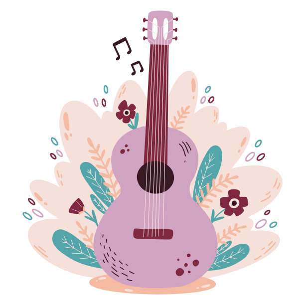 涂鸦风格的吉他与花的平面颜色矢量插图图片下载
