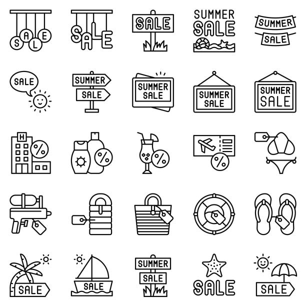 夏季销售元素图标集，线条风格图片下载