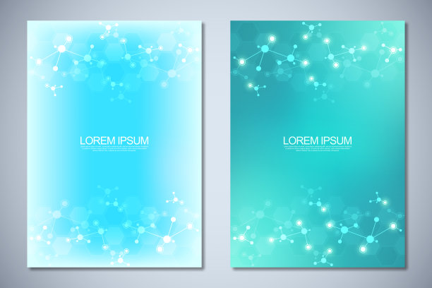 模板小册子或封面书，页面布局，传单设计与分子结构和DNA链的抽象背景。理念和理念的创新技术，医学研究，科学。图片下载