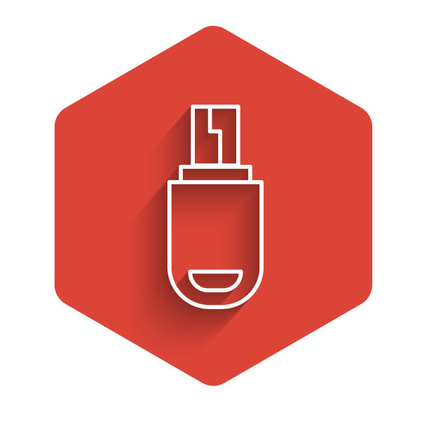 白线USB闪存驱动器图标隔离与长影子。红色的六角按钮。矢量图图片下载